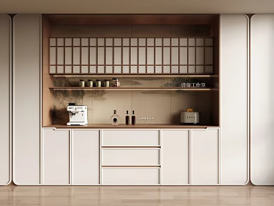 Modern Buffet Sideboard With White Cabinets Wooden Grid Shelves Coffee Machine And Glass Jars On Countertop 3d model