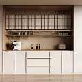 Modern Buffet Sideboard With White Cabinets Wooden Grid Shelves Coffee Machine And Glass Jars On Countertop