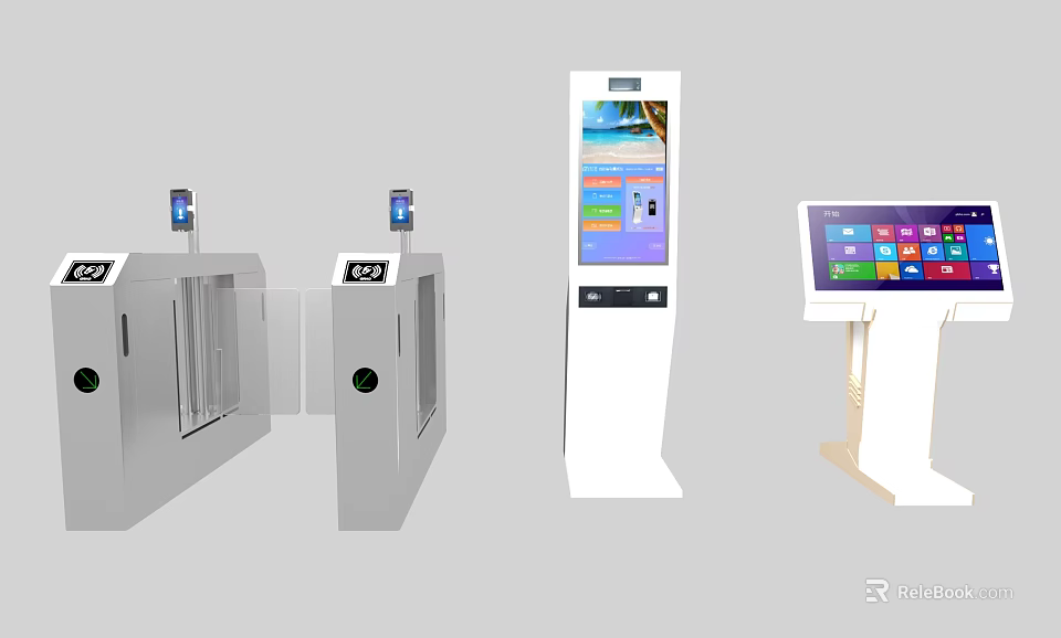 Public Facility Equipment Featuring Turnstiles And Self Service Kiosks With Digital Screens 3d model 