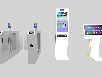 Public Facility Equipment Featuring Turnstiles And Self Service Kiosks With Digital Screens 3d model