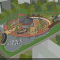 Children's Play Area With Green Trees Water Feature Circular Pavilion And Safe Play Structures