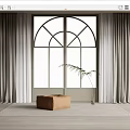 Gray Curtains With Arched Window In Cozy Indoor Room Featuring Brown Stool And Green Plant