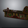 Decorative Wooden Counter With Ornate Carvings Boxes Book And Glass Bottles
