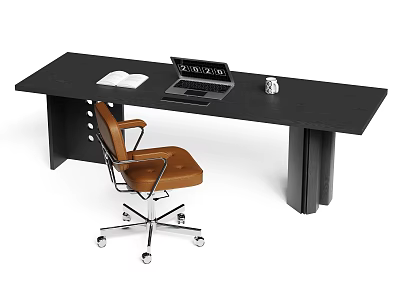 Modern Black Desk With Laptop Open Book And Brown Office Chair On Wheels 3d model