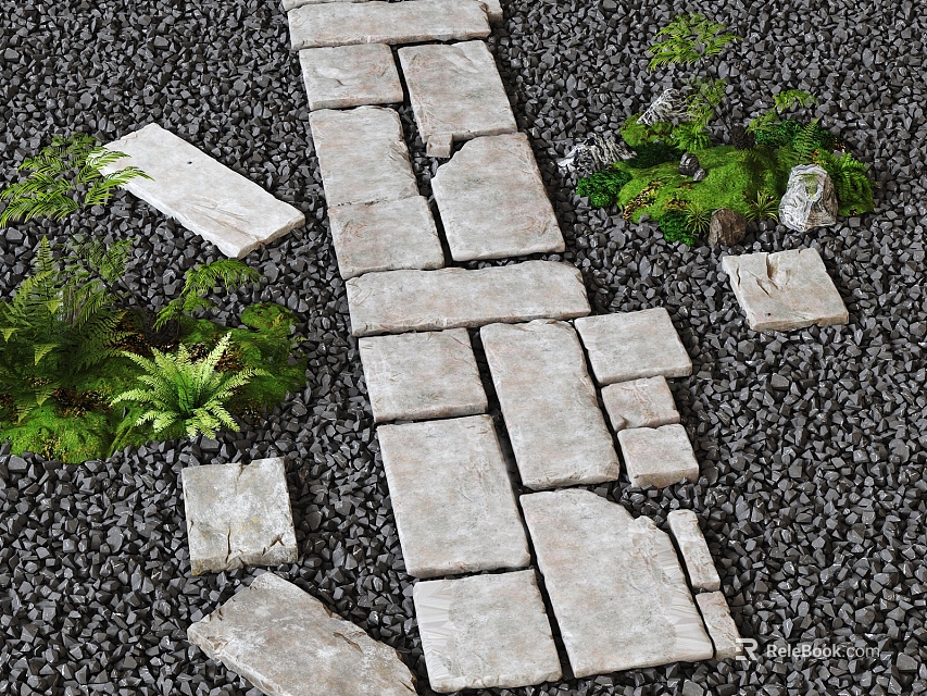 Natural Stepping Stones Path With Black Gravel And Green Ferns 3d model 