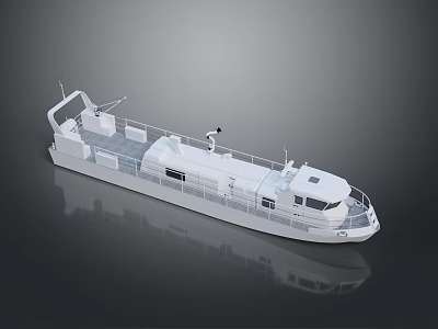 White Boat 3D Model With Long Hull Deck Cockpit Railings Equipment Gray Background And Reflection 3d model