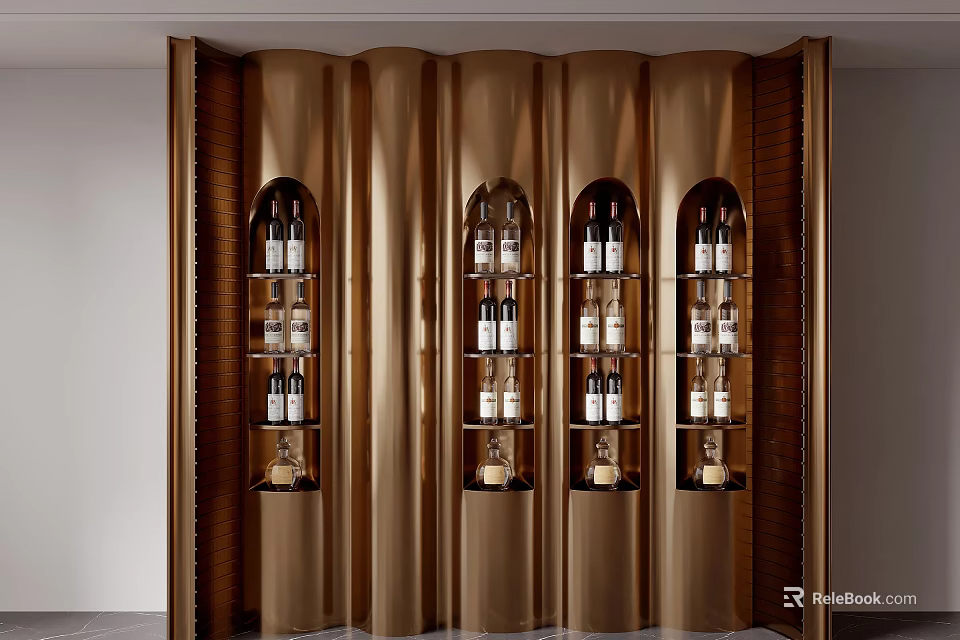 Modern Bronze Wine Cabinet With Arched Shelves And Wine Bottles 3d model 