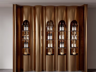 Modern Bronze Wine Cabinet With Arched Shelves And Wine Bottles 3d model