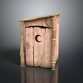 Wooden Garden Shed With Crescent Shaped Hole On Door And Sloped Roof Support Posts
