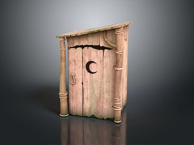 Wooden Garden Shed With Crescent Shaped Hole On Door And Sloped Roof Support Posts 3d model