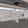 Modern Break Room Interior With White Cabinets Hanging Lights Central Island And Colorful Bar Stools