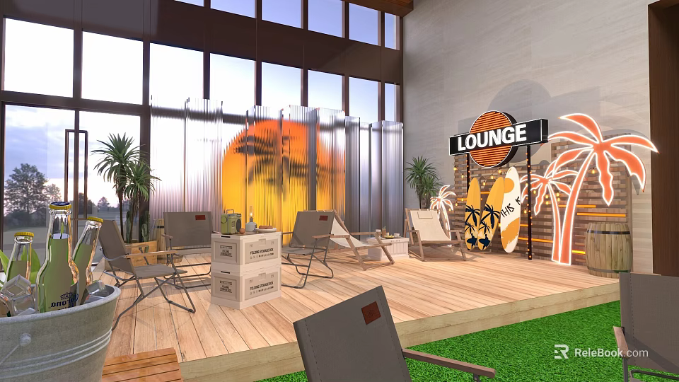 Lounge Area With Wooden Deck Chairs Palm Trees Surfboard Large Windows Sunset Screen Green Lawn 3d model 