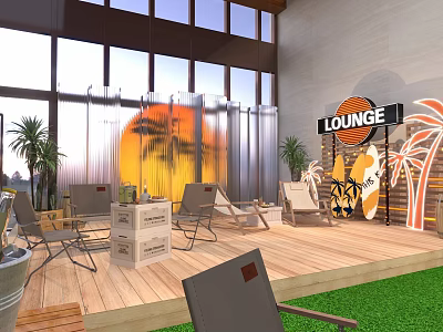 Lounge Area With Wooden Deck Chairs Palm Trees Surfboard Large Windows Sunset Screen Green Lawn 3d model