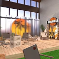 Lounge Area With Wooden Deck Chairs Palm Trees Surfboard Large Windows Sunset Screen Green Lawn