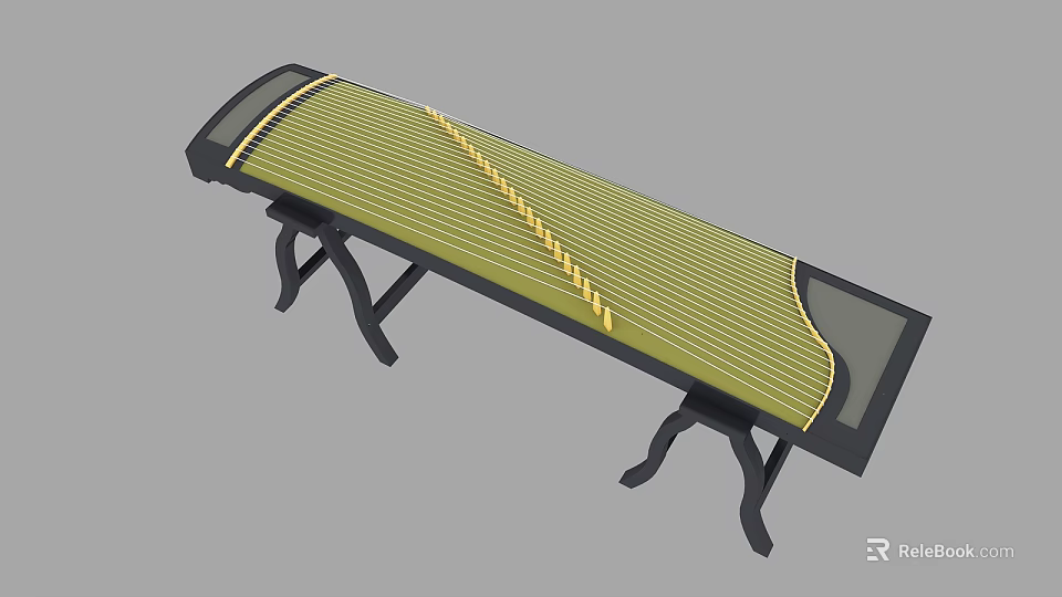Traditional Chinese Zither Musical Instrument With Green Strings Black Frame And Wooden Stand 3d model 