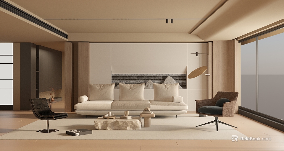 Modern Living Room Interior With Neutral Palette Wooden Elements Sofa Coffee Table And Accent Chair 3d model 
