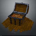 Open Wooden Treasure Chest Filled With Gold Coins And Jewels On Planks