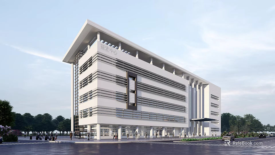 Modern Office Building Exterior Design With White Facade And Horizontal Lines 3d model 
