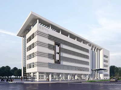 Modern Office Building Exterior Design With White Facade And Horizontal Lines 3d model