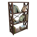 Classic Dark Wooden Bookshelf With Cross Brace Design And Stacked Books