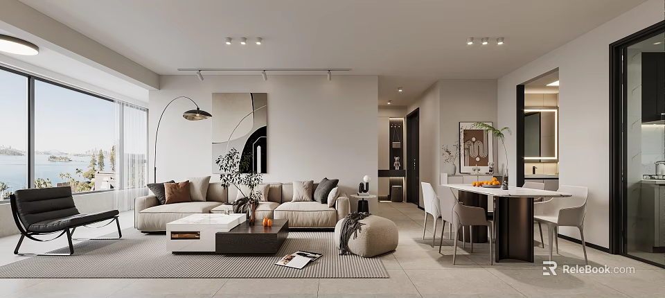 Modern Living Dining Room Interior With Sofa Coffee Table Rug Decorative Painting And Dining Chairs 3d model 