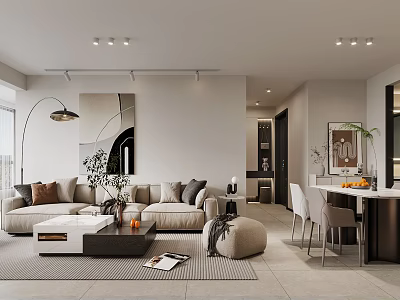 Modern Living Dining Room Interior With Sofa Coffee Table Rug Decorative Painting And Dining Chairs 3d model