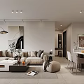 Modern Living Dining Room Interior With Sofa Coffee Table Rug Decorative Painting And Dining Chairs