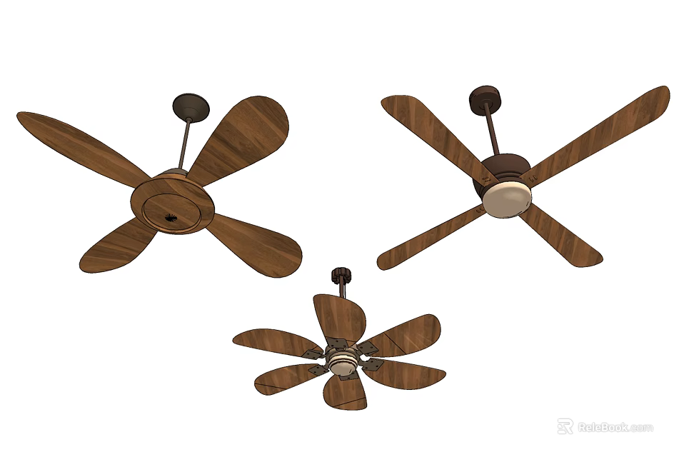 Three Modern Wooden Ceiling Fans With Different Blade Designs For Home Use 3d model 