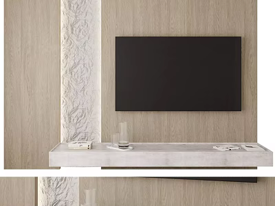 Modern Wooden TV Wall Design With Carved Accent And White Floating Stand 3d model