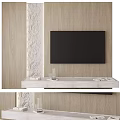 Modern Wooden TV Wall Design With Carved Accent And White Floating Stand