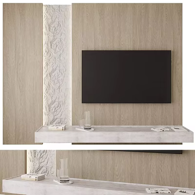 Modern Wooden TV Wall Design With Carved Accent And White Floating Stand 3d model