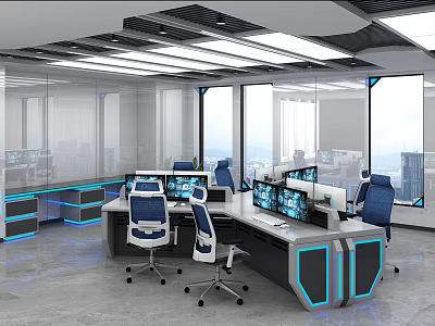Modern Exhibition Hall With Multiple Computer Screens Control Desks Office Chairs And City View 3d model