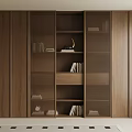 Modern Whole Wall Built In Walnut Bookcase With Louvered Doors For Book Storage And Decoration