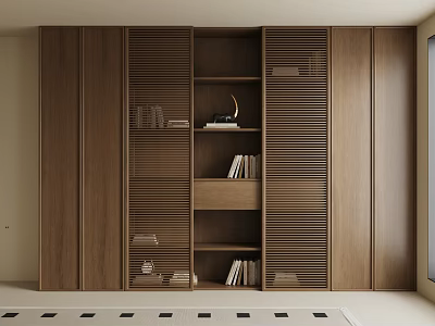 Modern Whole Wall Built In Walnut Bookcase With Louvered Doors For Book Storage And Decoration 3d model
