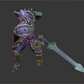 Mythical Creature Like Character Wearing Purple Blue Armor Holding Sword And Helmet