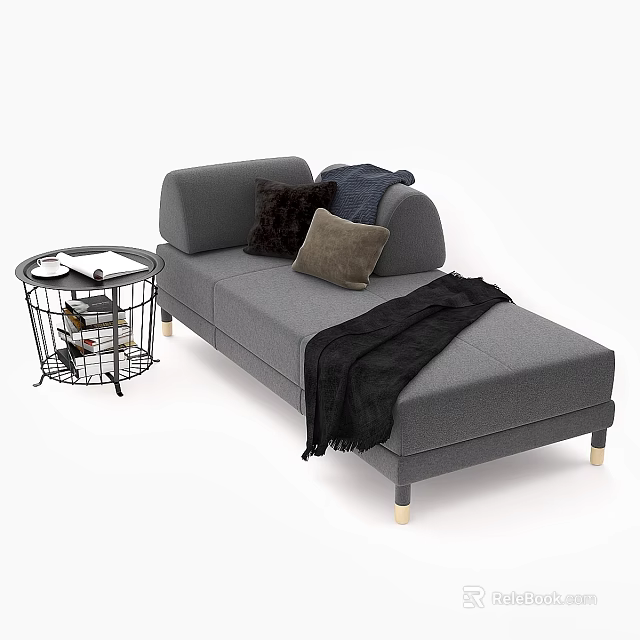 Gray Sofa Bench With Decorative Pillows Black Blanket And Side Table With Basket 3d model