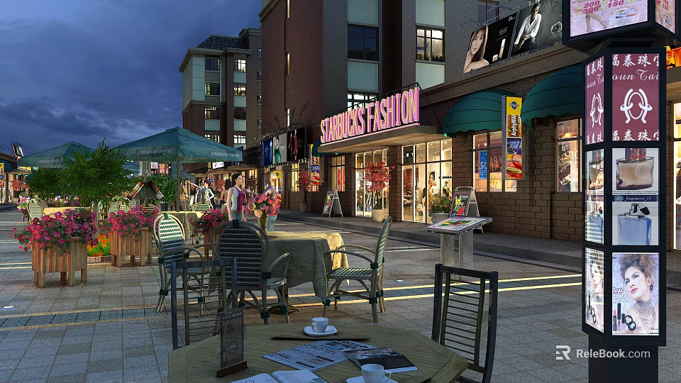 Vibrant Commercial Street with Fashion Storefronts Outdoor Seating and Green Plants Under Evening Lighting 3d model 