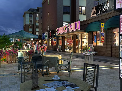 Vibrant Commercial Street with Fashion Storefronts Outdoor Seating and Green Plants Under Evening Lighting 3d model