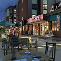 Vibrant Commercial Street with Fashion Storefronts Outdoor Seating and Green Plants Under Evening Lighting