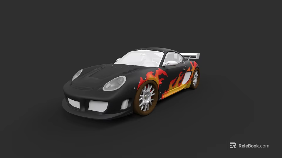 Black Sports Car With Flame Decals Racing Style Alloy Wheels And Rear Spoiler 3d model 