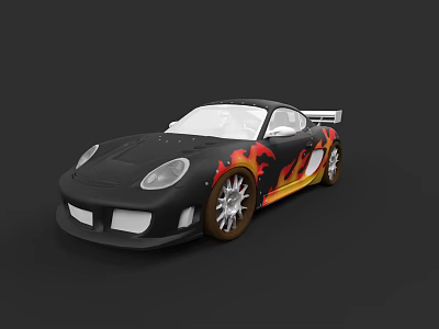 Black Sports Car With Flame Decals Racing Style Alloy Wheels And Rear Spoiler 3d model