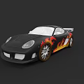 Black Sports Car With Flame Decals Racing Style Alloy Wheels And Rear Spoiler