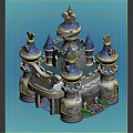 Colorful Cartoon Castle Scene With Multiple Towers Blue Gold Roofs And Decorative Windows