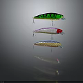 Three Different Colored Fishing Lures With Striped Patterns And Metal Hooks