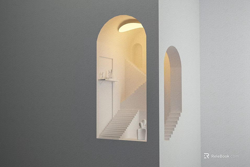 Modern Arched Wall Sconce with Warm Light Illuminating Staircase and Decor on Gray Wall 3d model 