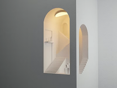 Modern Arched Wall Sconce with Warm Light Illuminating Staircase and Decor on Gray Wall 3d model