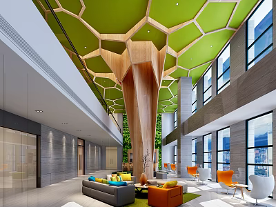 Hotel Lobby With Green Hexagonal Ceiling Wooden Column Sofas Orange Chairs Floor To Ceiling Windows 3d model