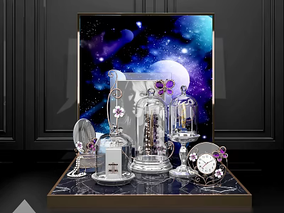 Elegant Decorative Display With Starry Night Art Glass Cloches Purple Flowers And Marble Base 3d model