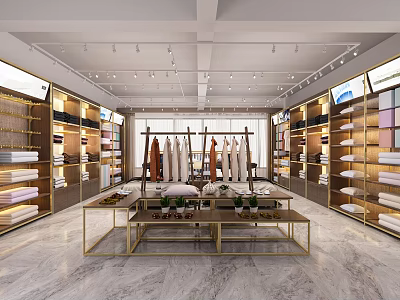 Modern Clothing Store Interior With Well Lit Shelves Hanging Clothes Marble Floor And Display Tables 3d model