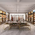 Modern Clothing Store Interior With Well Lit Shelves Hanging Clothes Marble Floor And Display Tables
